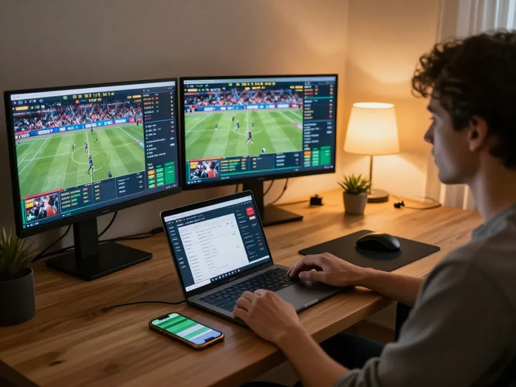 Engaging in tỷ lệ nhà cái strategies while betting on live sports from a modern home setup.