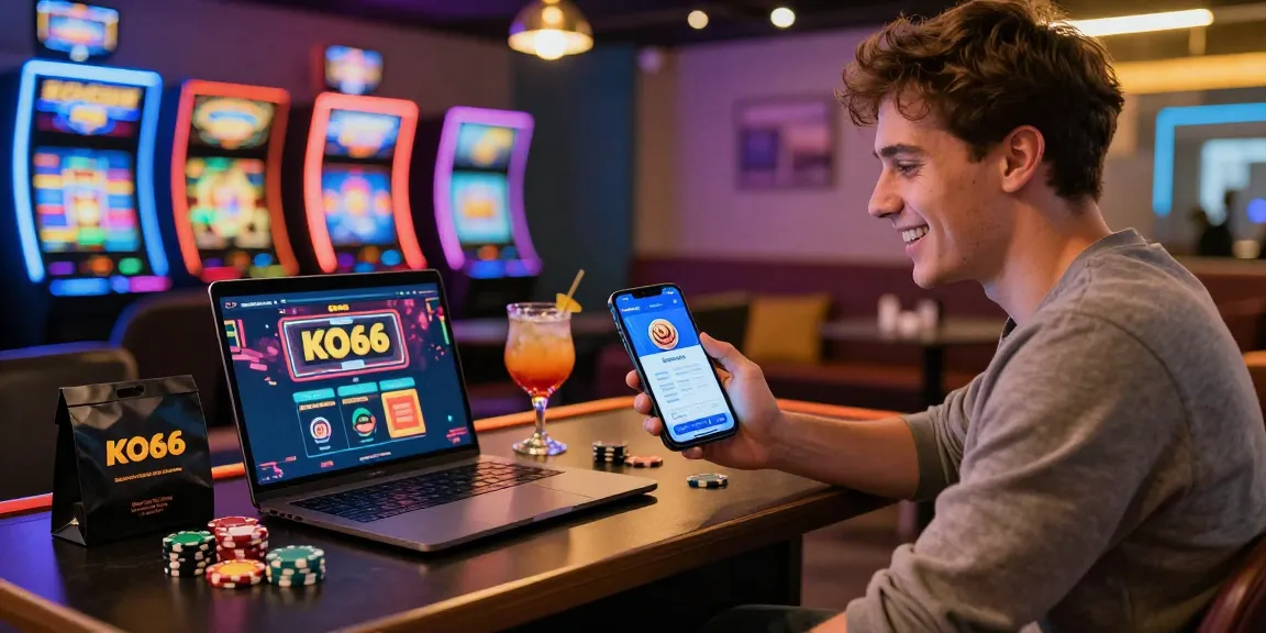 New user downloading the KO66 casino app in a vibrant lounge setting with gaming elements.