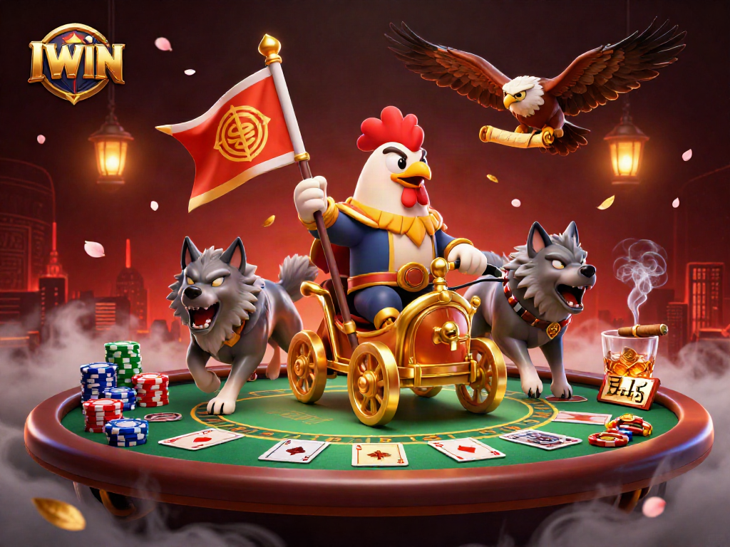 IWIN challenges players at a poker table, featuring a warlord rooster and wolves, perfect for casino enthusiasts.
