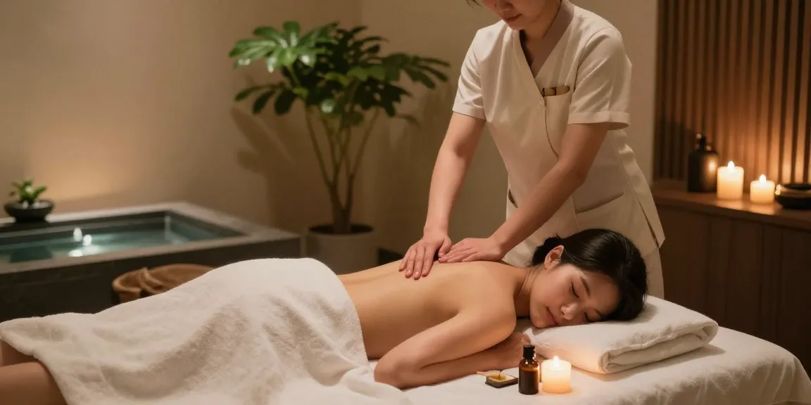 Relaxing 용인출장마사지 in a tranquil spa room with soft lighting and essential oils