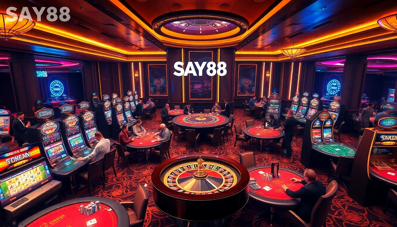 SAY88 casino scene showcasing excited players at poker tables and roulette wheel.