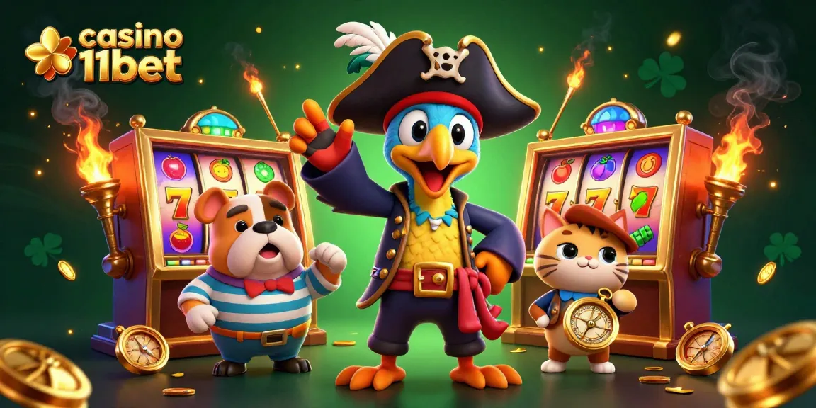Spin the reels at casino 11bet with vibrant gaming characters and colorful slot machines.