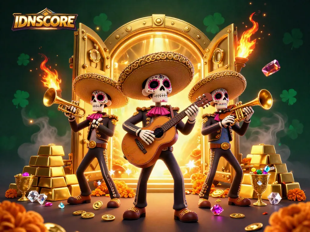 IDNSCORE showcases vibrant Dia de los Muertos skeletons surrounded by treasures in a dynamic casino setting