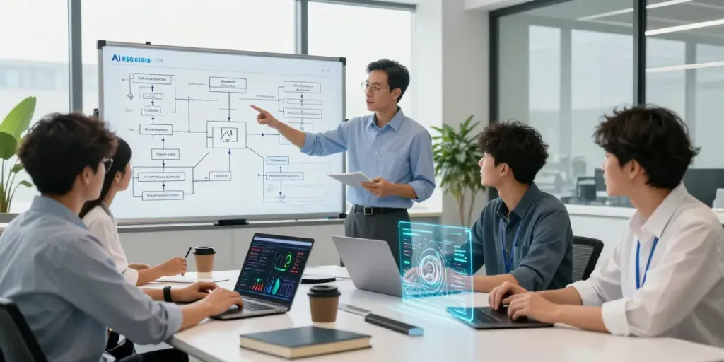Team collaborating on enterprise AI strategies in a modern workspace.