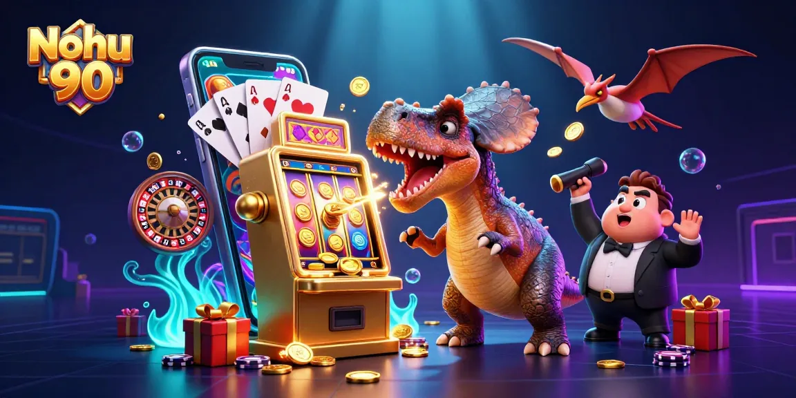 Nohu 90 slots jackpot scene featuring a dinosaur headbutting a slot machine and coins flying