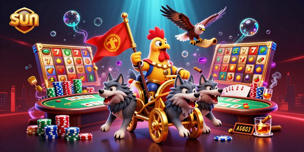 Experience the thrill of the sun-themed casino action with a rooster warlord and slot elements.