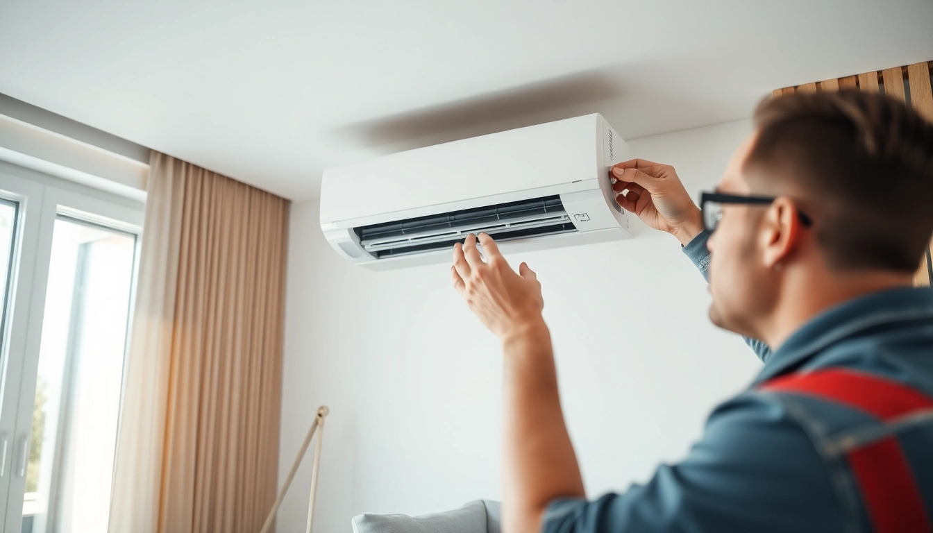 Install a mini split ac system by a technician in a modern living room setup.