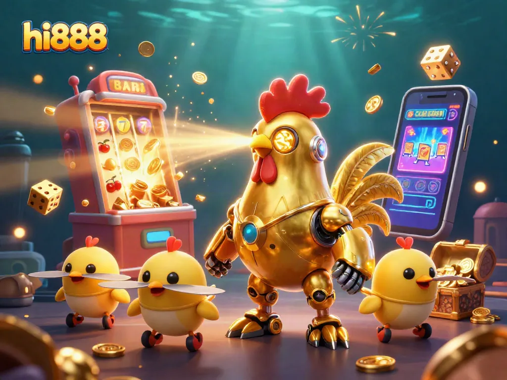 Engage in thrilling gaming action at hi888 with a retro-futuristic casino scene filled with excitement.