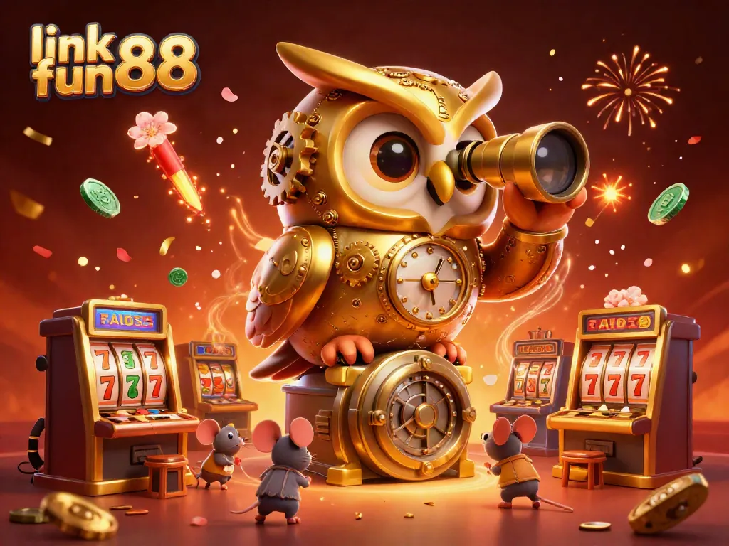 Experience excitement with link fun88 as a golden owl presides over lively slot machines during a grand casino scene.