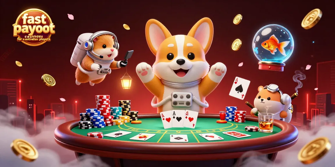 Experience fast payout casinos for Australian players in a whimsical 3D space-themed illustration.