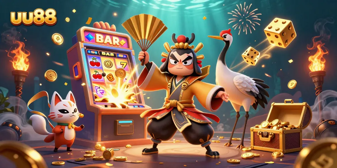 uu88 features vibrant 3D scenes of kabuki warriors amidst slot machines and gold coins.