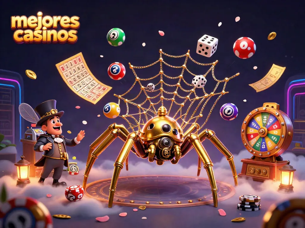 Descubre los mejores casinos mientras juegas con la emoción de una araña dorada y dados desafortunados.