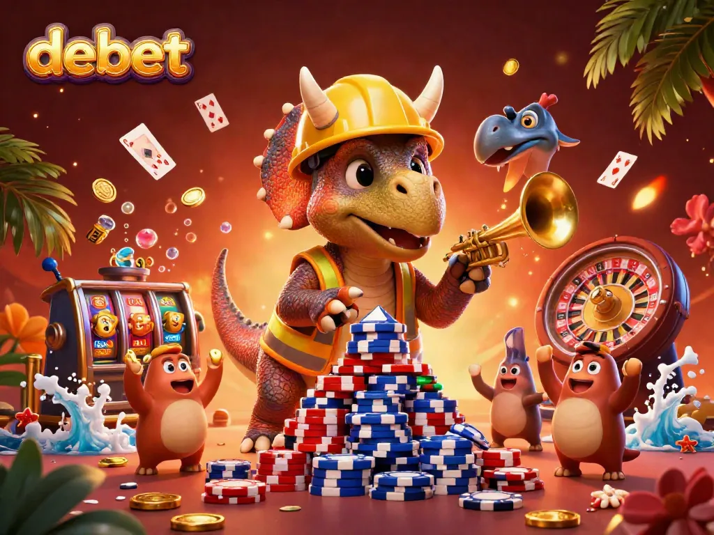 Experience the thrill of debet gaming with cartoon dinosaurs celebrating over a vibrant casino scene.