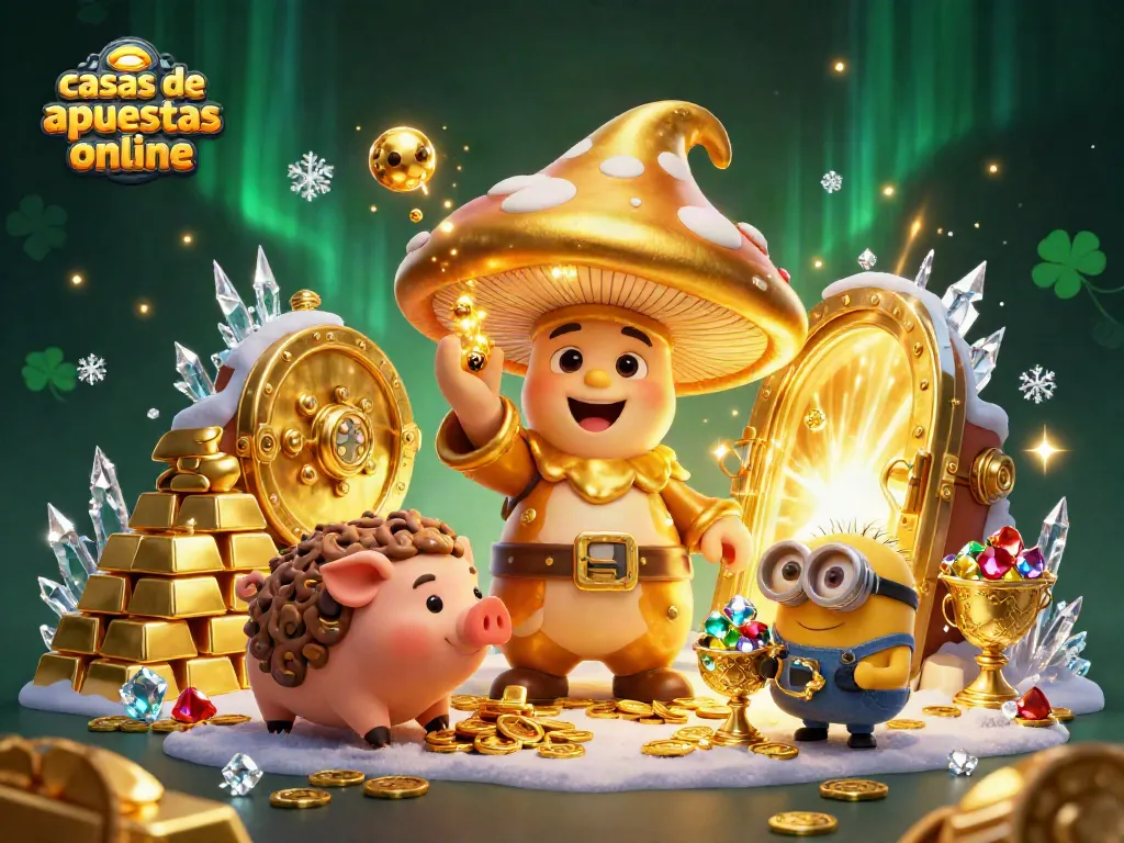 Ilustra casas de apuestas online con un mago dorado y tesoros brillantes.