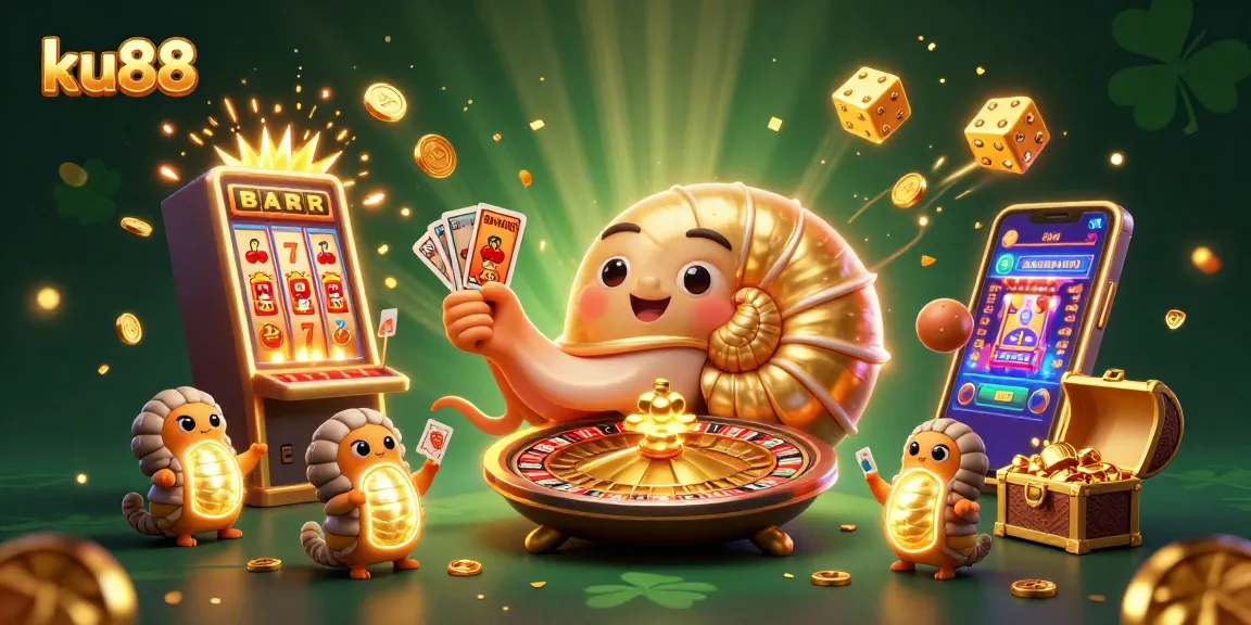 Experience the thrill at ku88 with a dynamic casino scene featuring a giant nautilus roulette wheel.