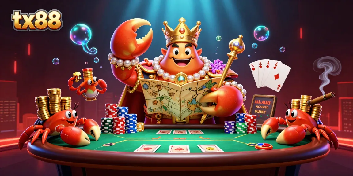 Experience exhilarating poker action at tx88 with a vibrant crab emperor and golden chips.