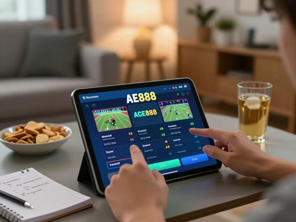 Engaging AE888 sports betting experience on a tablet in a cozy home