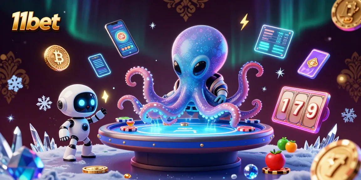 Experience immersive gameplay with 11bet's vibrant poker scene featuring a 3D cartoon alien octopus and crypto elements.