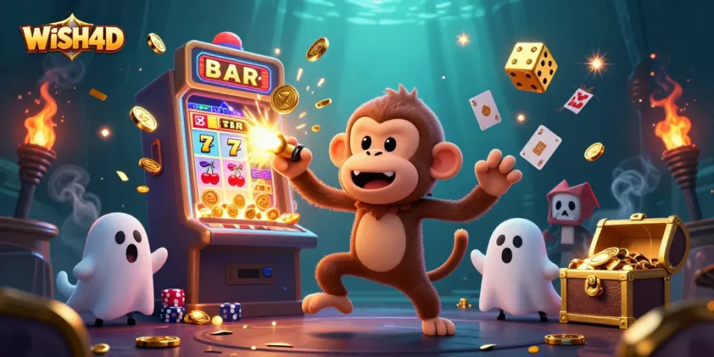 Engage with WISH4D in this captivating haunted casino scene with playful golden elements.