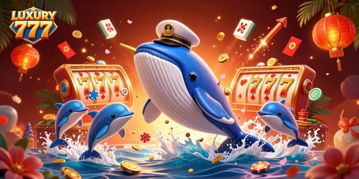 LUXURY 777 mempresentasikan lingkungan kasino yang mewah dengan ikan paus 3D dan elemen permainan menarik.