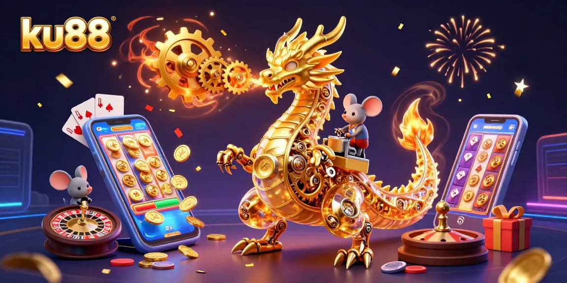Engage in thrilling slots at ku88 with vibrant 3D illustration showcasing a dragon and gaming elements.