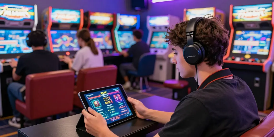 Player engaging with rokok88 rtp gaming metrics in a lively arcade setting