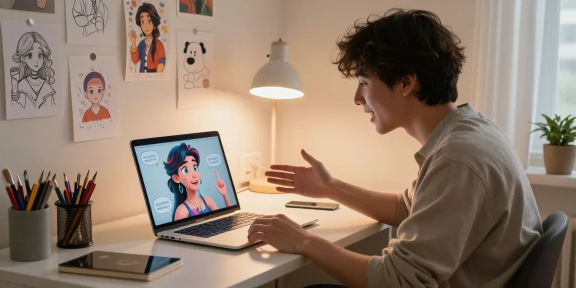 Cheerful interaction with character ai nsfw in a cozy home office.