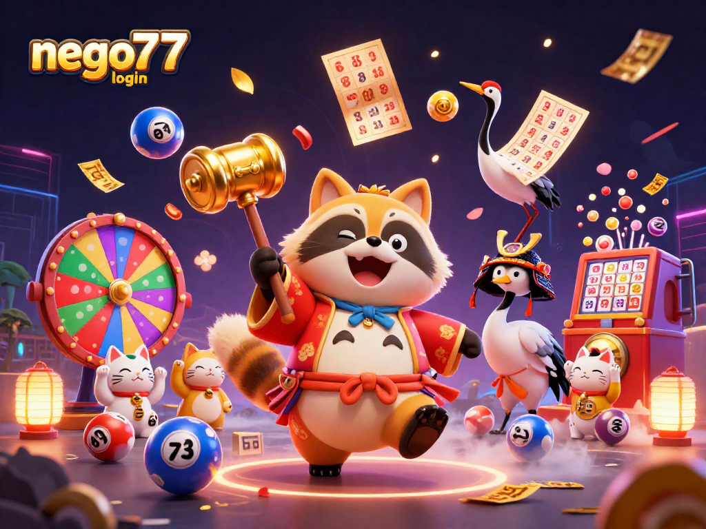 Experience thrills with the nego77 login and vibrant casino elements in this colorful 3D illustration.