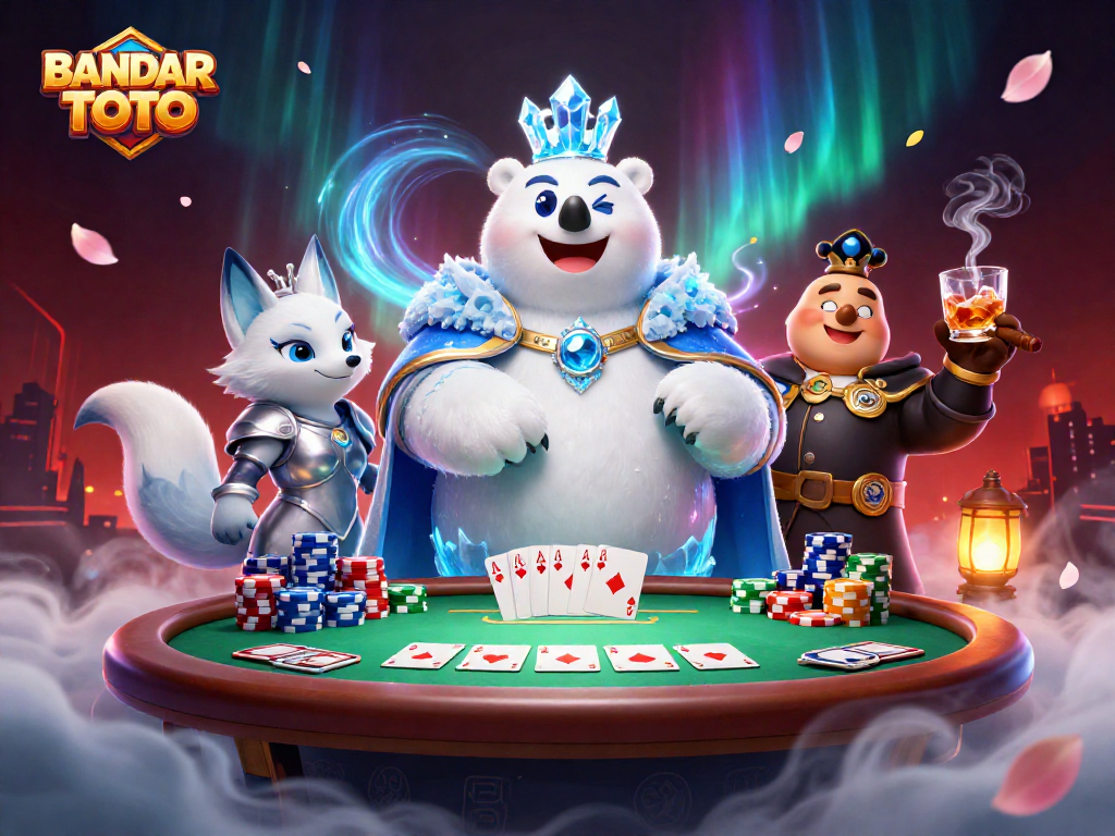 BANDAR TOTO showcases a thrilling poker scene with a regal icy polar bear and an armored fox amidst vibrant gaming elements.