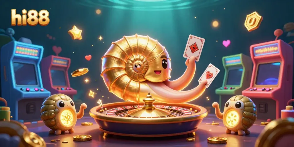 hi88 mang đến trải nghiệm đánh bạc kỳ thú với nautilus cổ và máy arcade sáng rực.