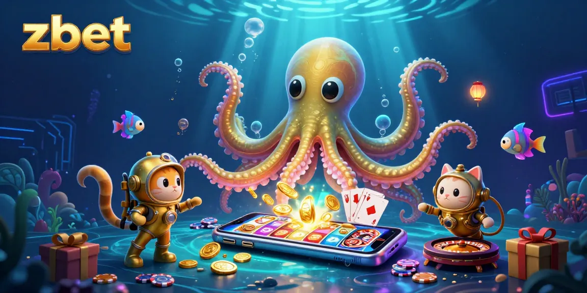 Experience thrilling action with zbet's immersive casino atmosphere featuring a kraken, diving cat, and games.
