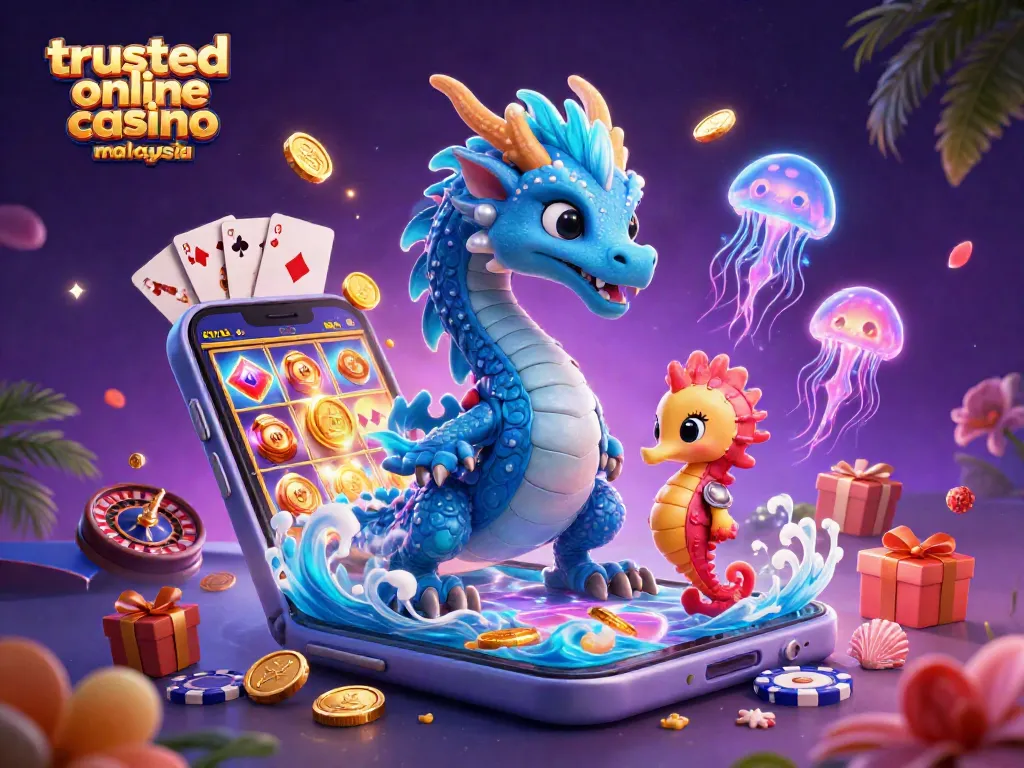 Engage with the trusted online casino Malaysia scene, featuring a majestic water dragon and a seahorse knight amidst vibrant gaming elements.