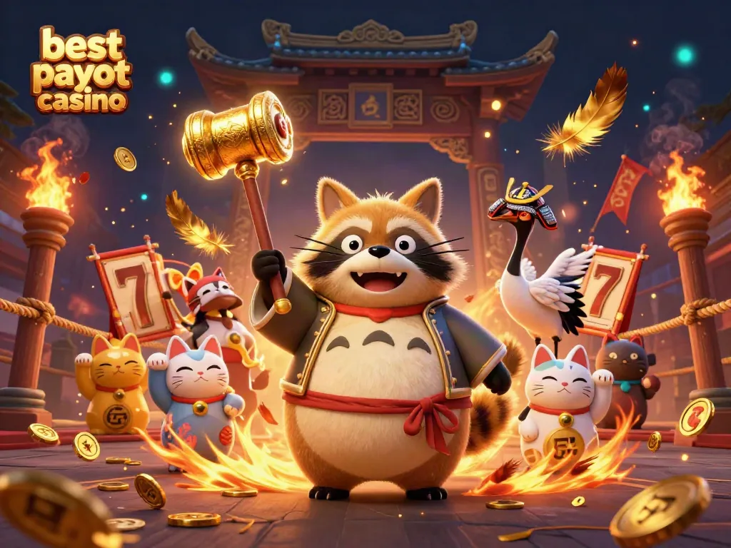 Engage with the best payout casino featuring a cheerful tanuki, vibrant elements, and slot symbols.