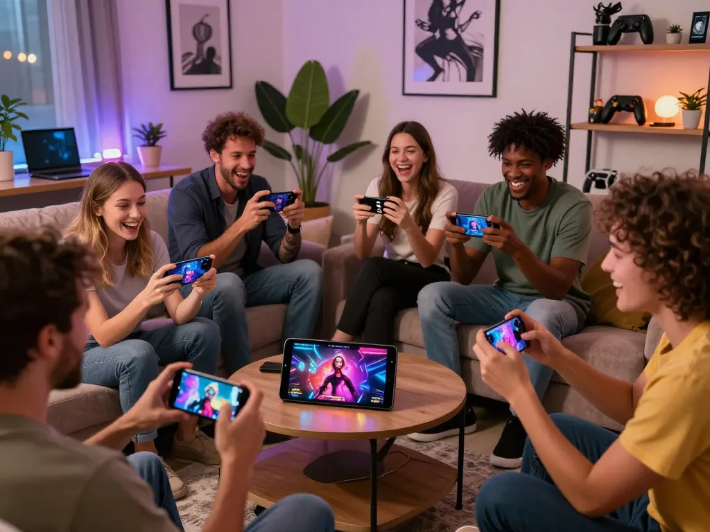 Group enjoying mobile porn games in a cozy living room, showcasing vibrant gameplay and laughter.