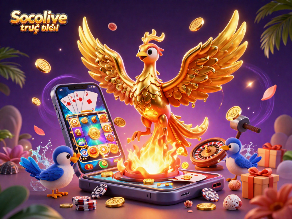 Experience thrilling Socolive trực tiếp with a vibrant 3D casino scene featuring a molten golden phoenix.