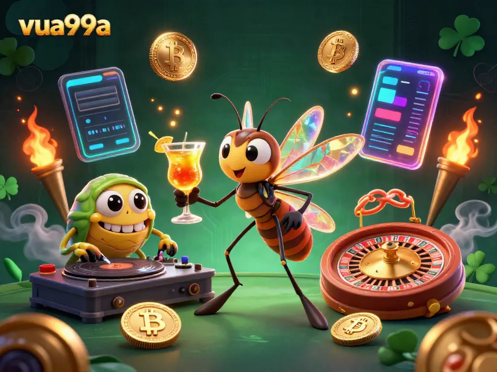 Experience the excitement of gambling at vua99a with unique mascot characters and vibrant casino elements.
