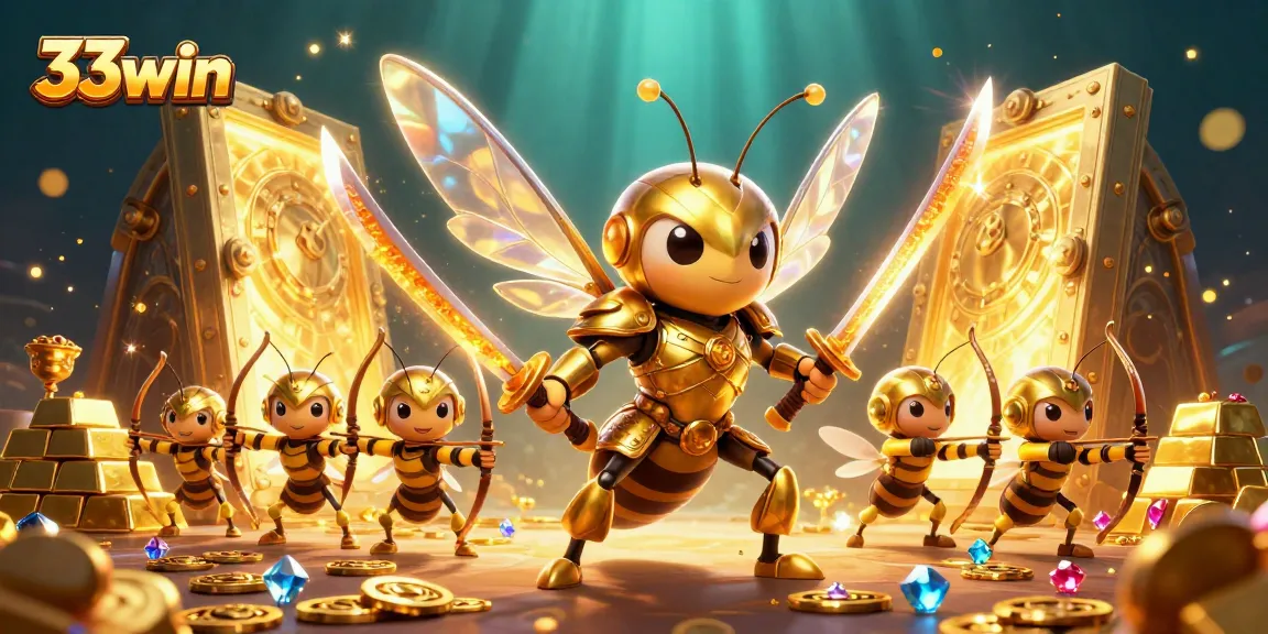 Win big with 33win at a vibrant online casino, featuring dynamic 3D characters and treasures.