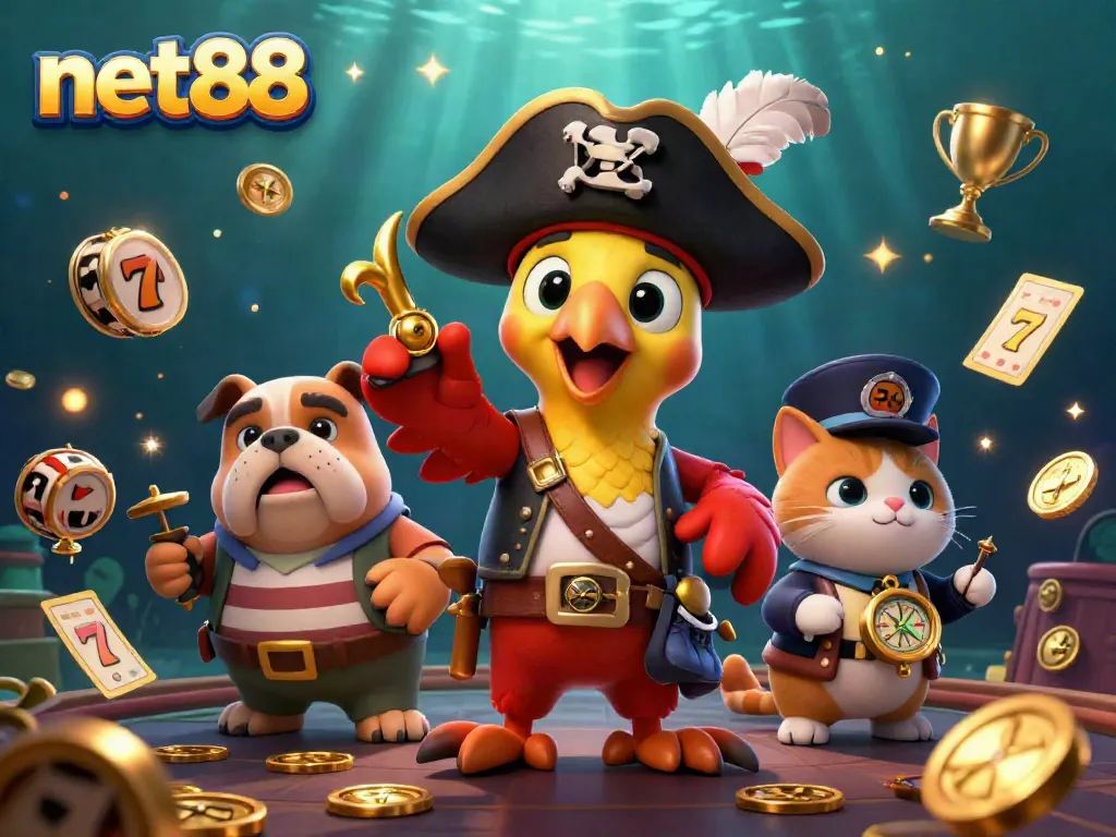 Experience thrilling gambling at net88 with a dynamic illustration of a pirate captain and his crew amidst slot machines.