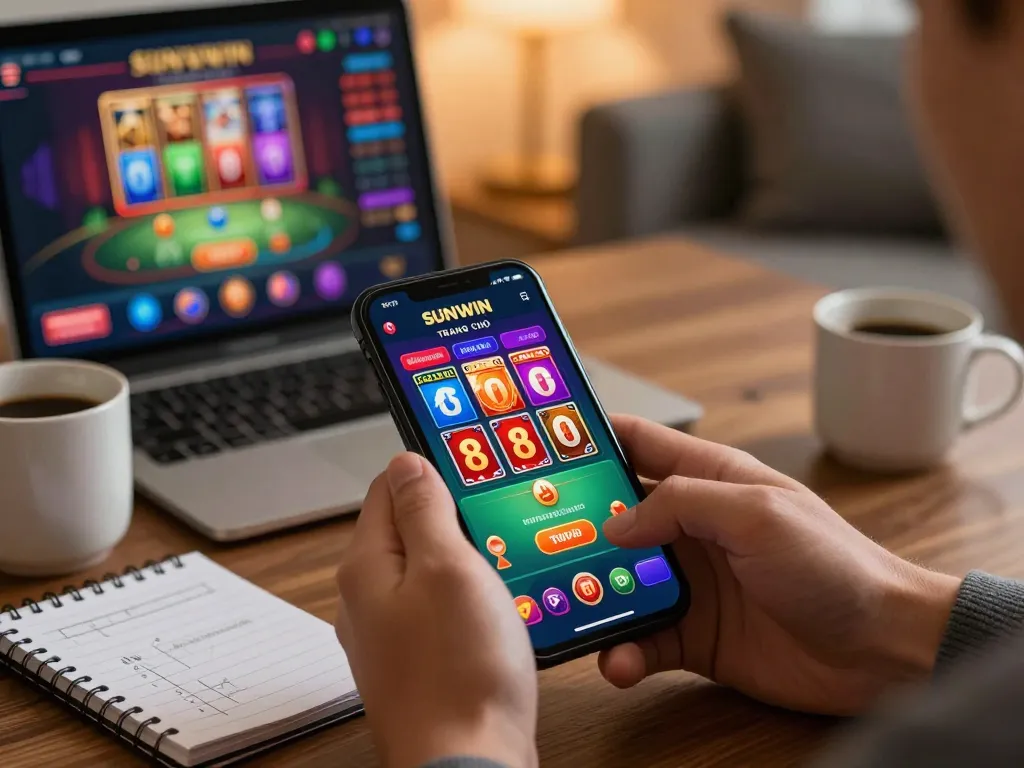 Engaging gameplay on SUNWIN TRANG CHỦ through smartphone in a cozy home setting.