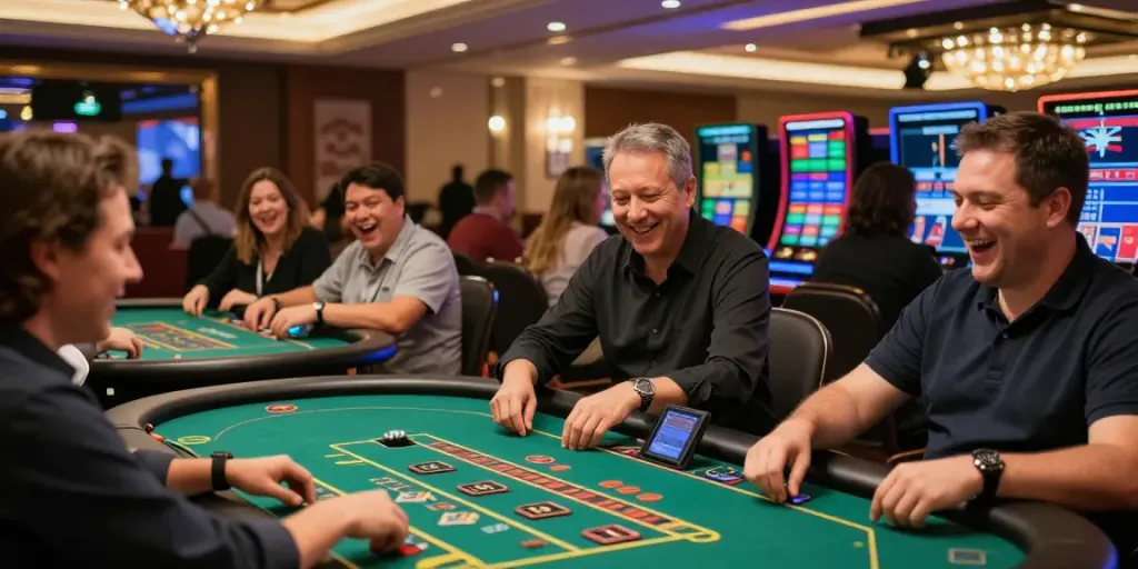 Dynamic casino betting scene showcasing players engaging at tables, highlighting the excitement of https://five88bet.org/.