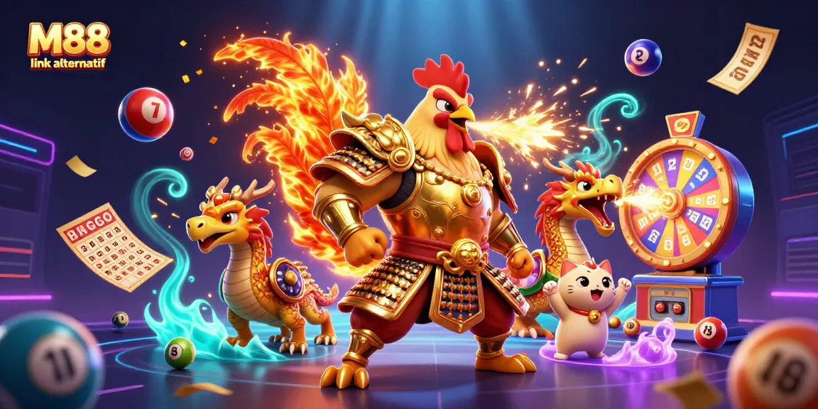 Experience excitement with M88 link alternatif, showcasing dynamic gaming elements and vibrant characters in a packed scene.
