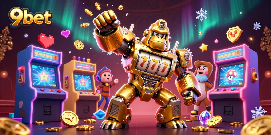 9bet showcases a golden gorilla mech surrounded by exciting game elements and casino visuals.