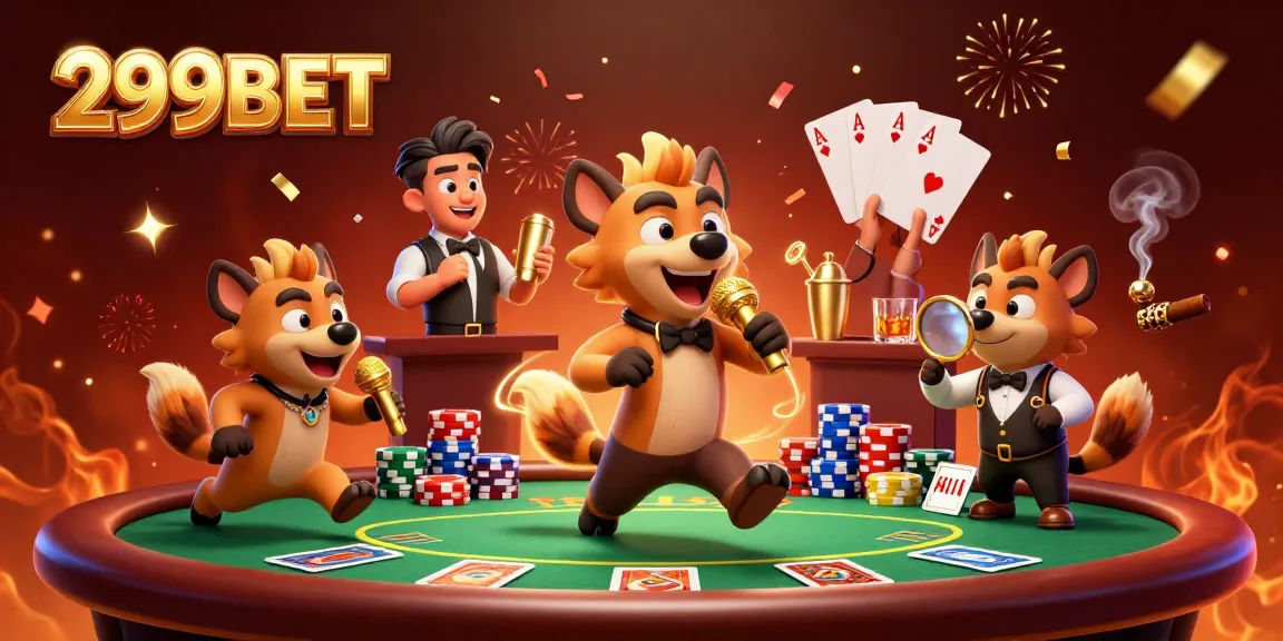 Experience exciting gameplay at 299BET with a vibrant casino scene featuring hyenas as entertainers.