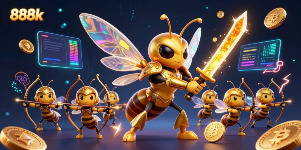Experience 888k gaming with a golden hornet warrior, showcasing vibrant casino-themed elements.