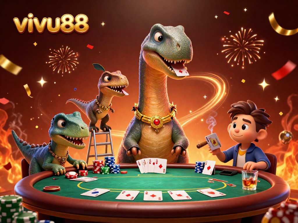 Engage in thrilling gameplay at vivu88 with vibrant poker action featuring a towering brontosaurus and clever raptor.