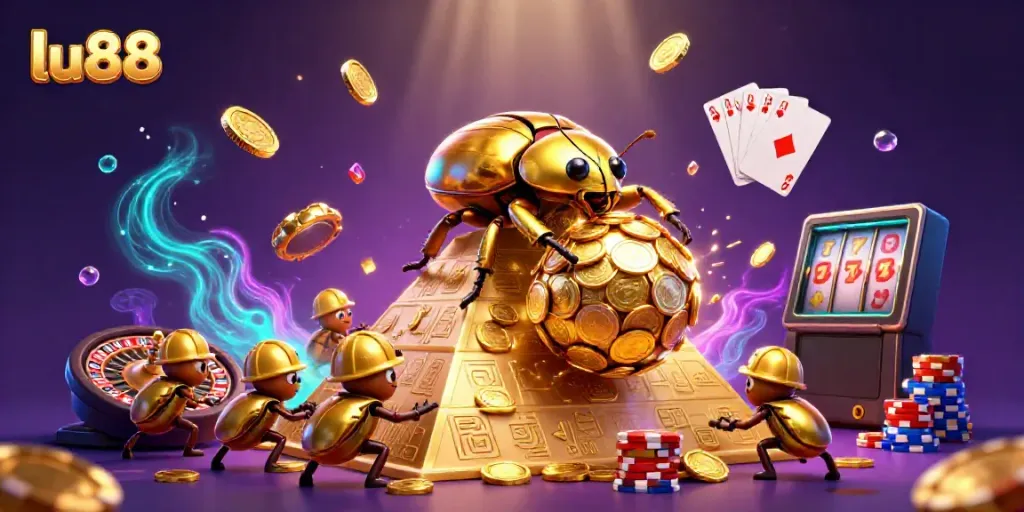 lu88's dynamic scene featuring golden beetles, coins, and casino symbols illustrating fun gaming experience