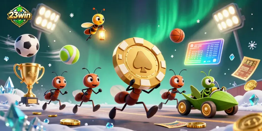 Rush to win big at 23win, where ants carry a giant poker chip through a bustling casino scene.