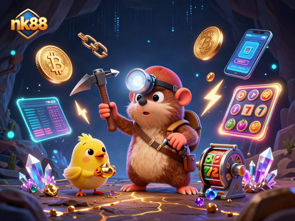 Experience nk88 thrilling slot adventures with our treasure hunting mole and glowing crypto elements.