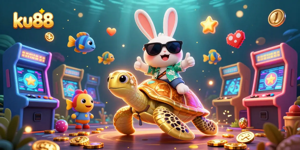 ku88 players enjoying vibrant casino action with a lucky rabbit and golden turtle amidst game elements