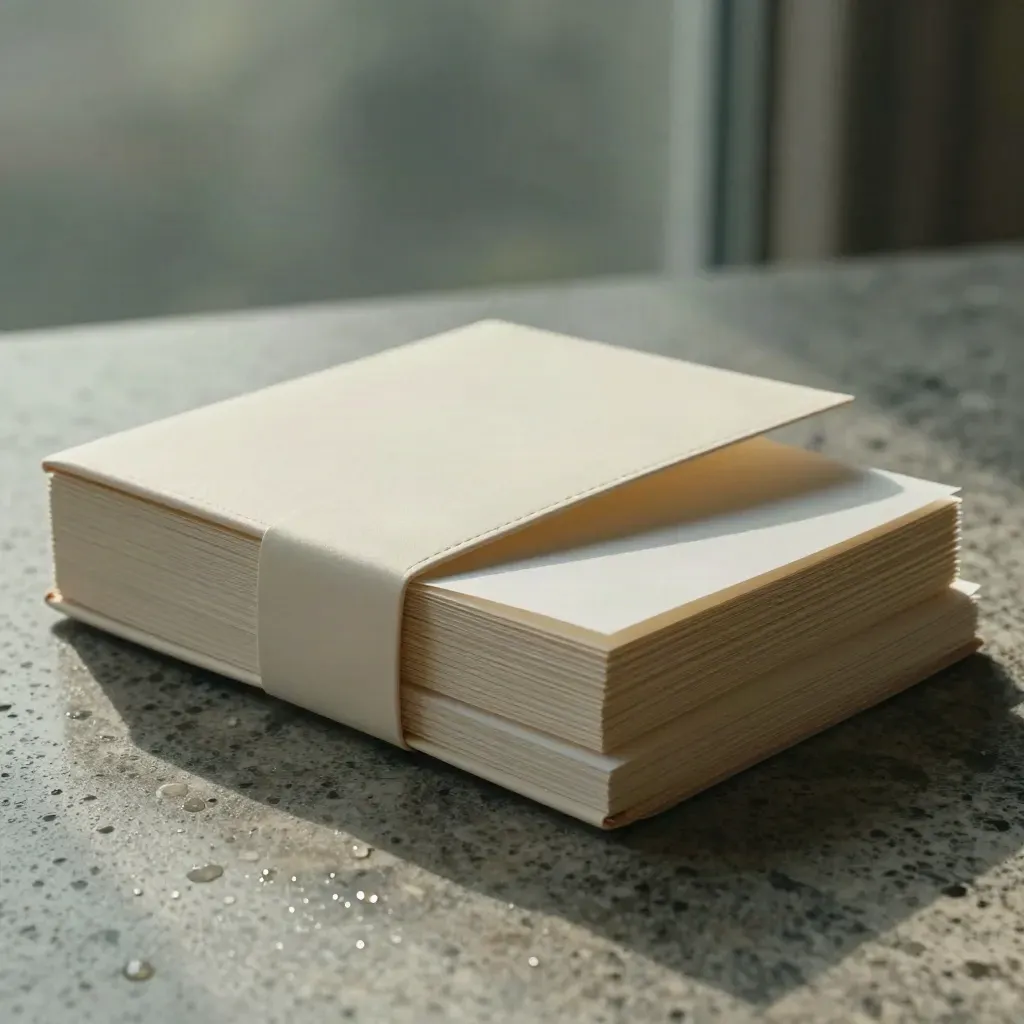 Cream annual pack folio with layered inserts on rain-dusted travertine in soft studio light